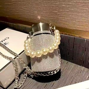 Pearl Handle Bling Stainless Steel Tumbler Water Bottle with shoulder chain.
